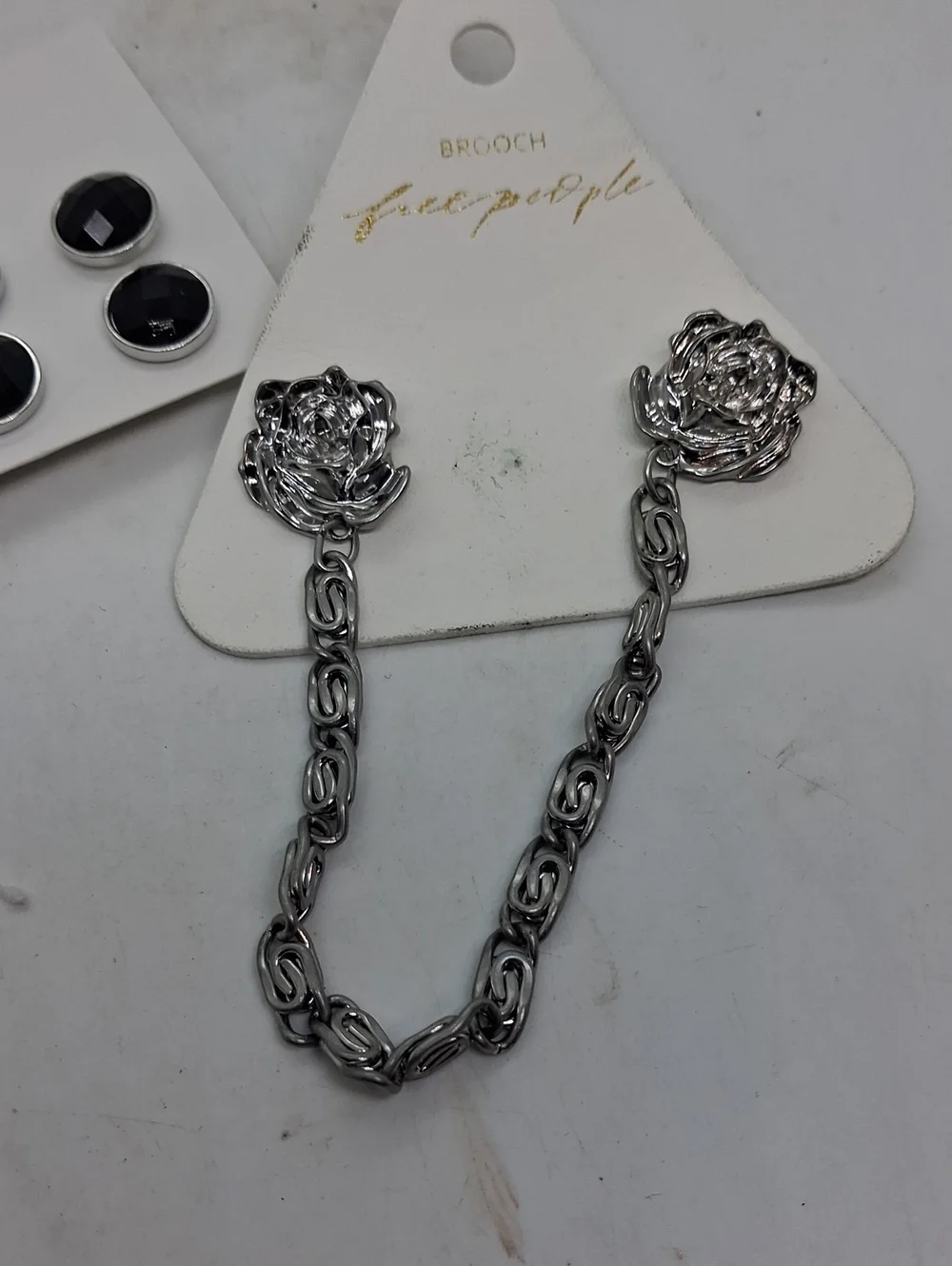 NWT Free People Black Rhinestone Pin Set & Silver Rose Chain Brooch